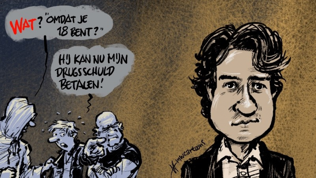 Cartoon over Jesse Klaver en zijn voorstel om jongeren eenmalig geld te geven op 18 jarige leeftijd